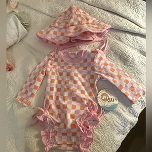 Caden Lane baby 3-6 month swimsuit and matching hat. New with tags